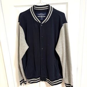 American Eagle Outfitters Men's Navy Blue and Gray Bomber Jacket